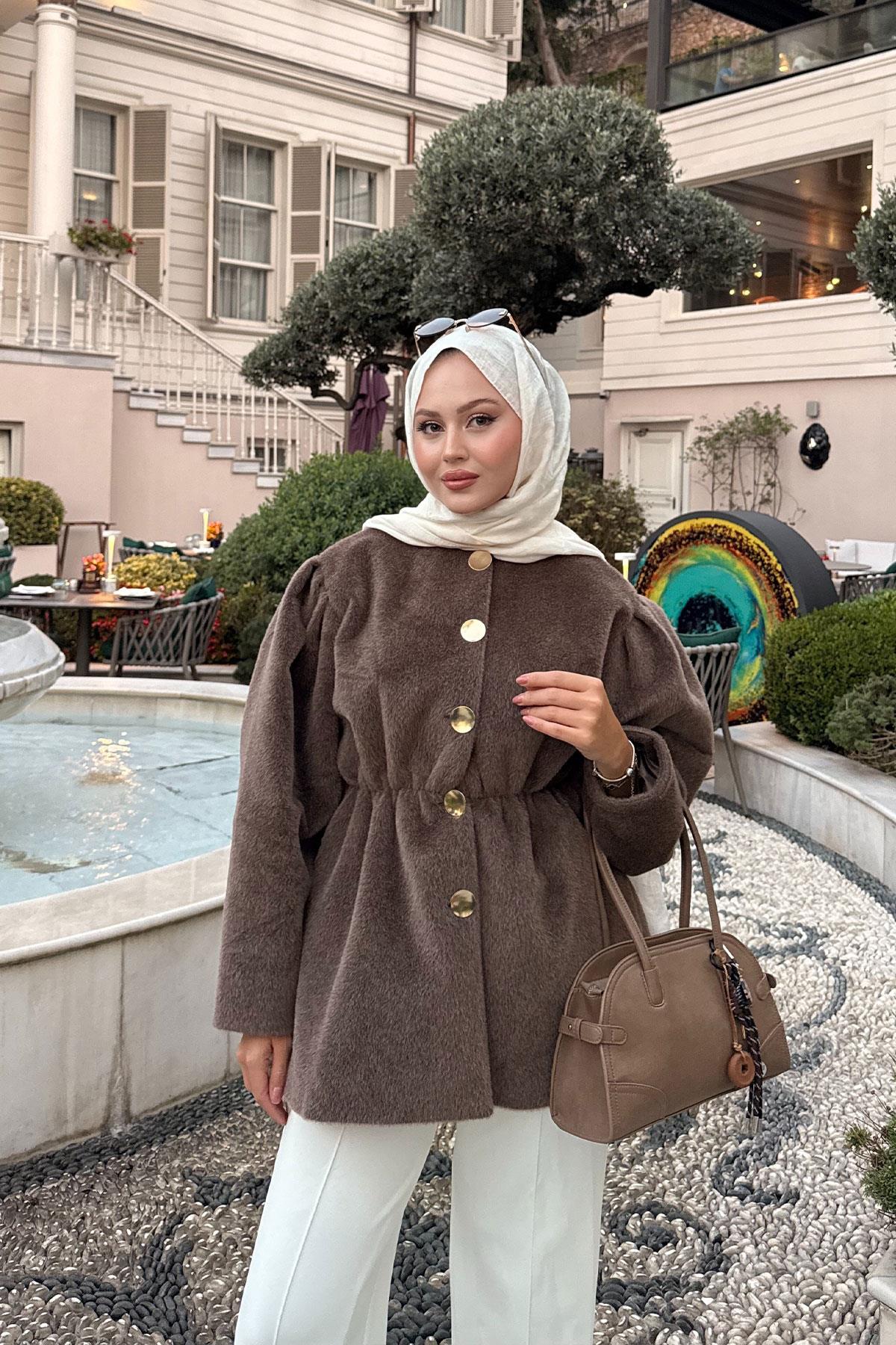 Gold Düğme Detay Mont Kahverengi