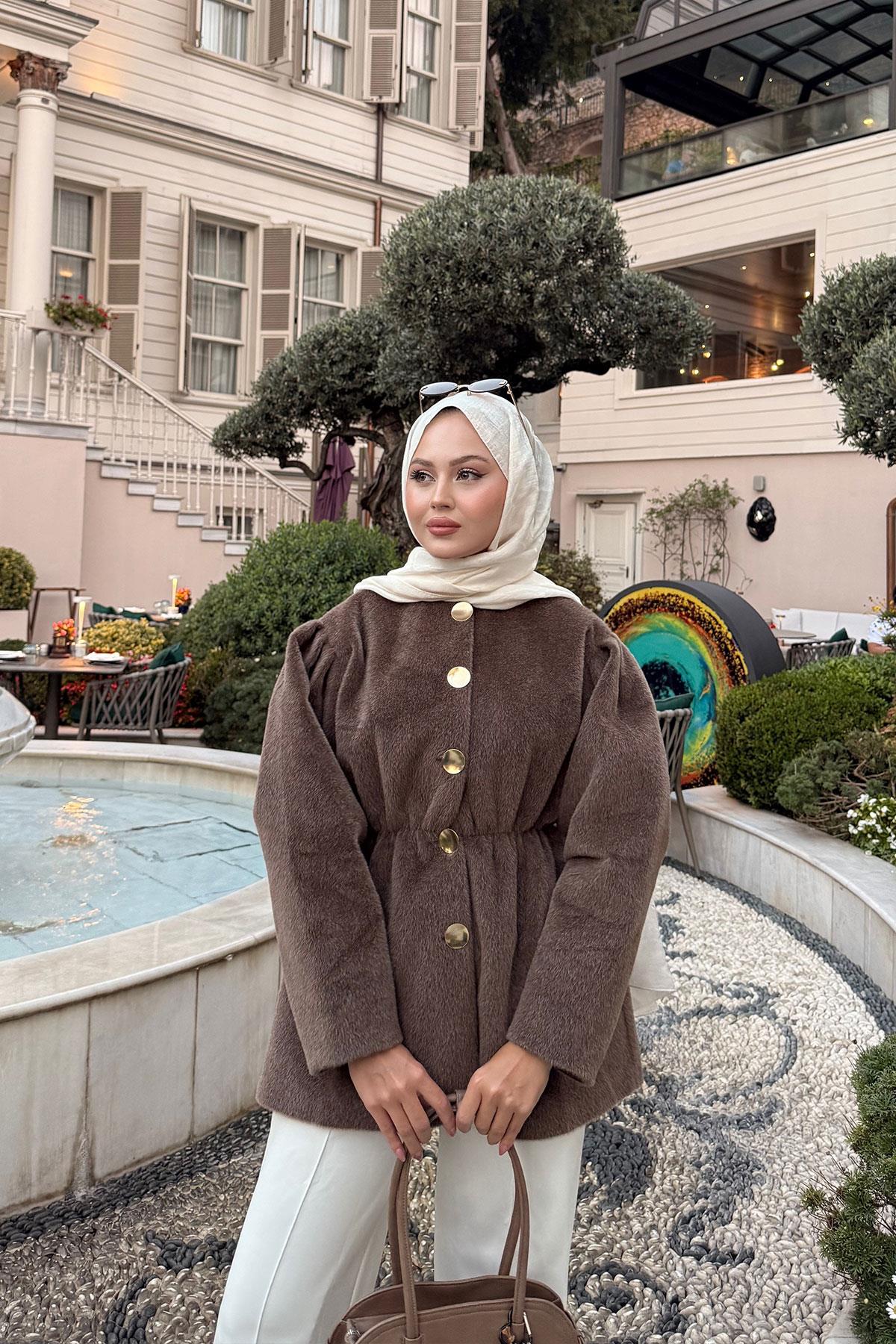 Gold Düğme Detay Mont Kahverengi