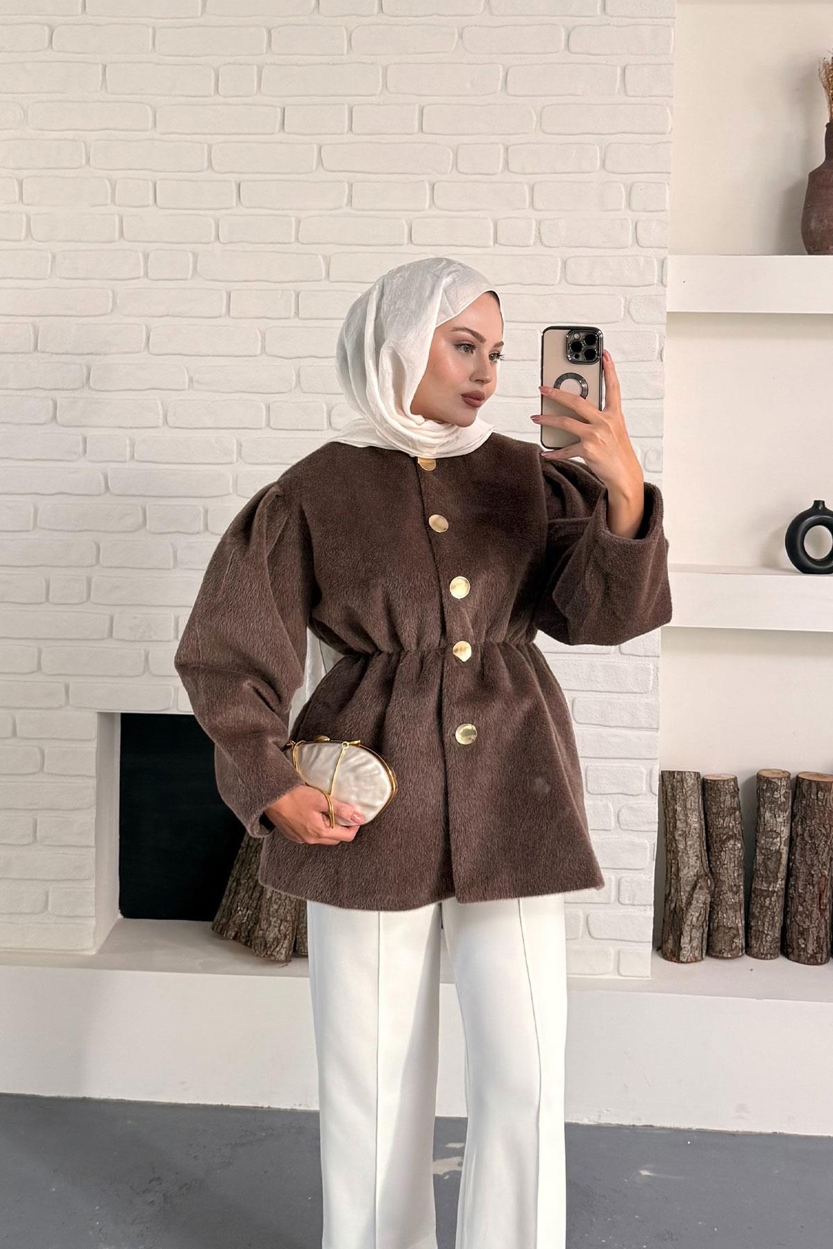 Gold Düğme Detay Mont Kahverengi