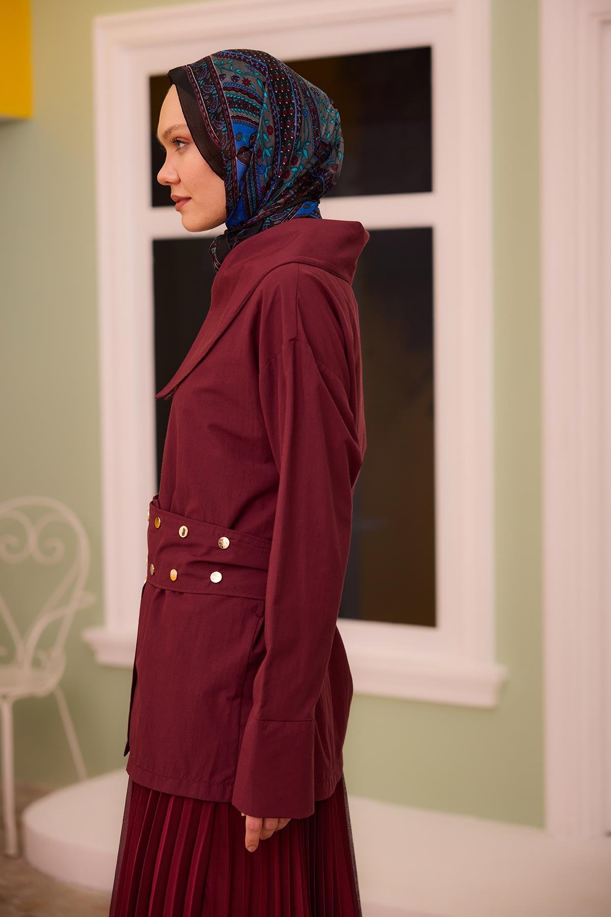 Gold Düğme Ve Kemer Detaylı Gömlek Bordo