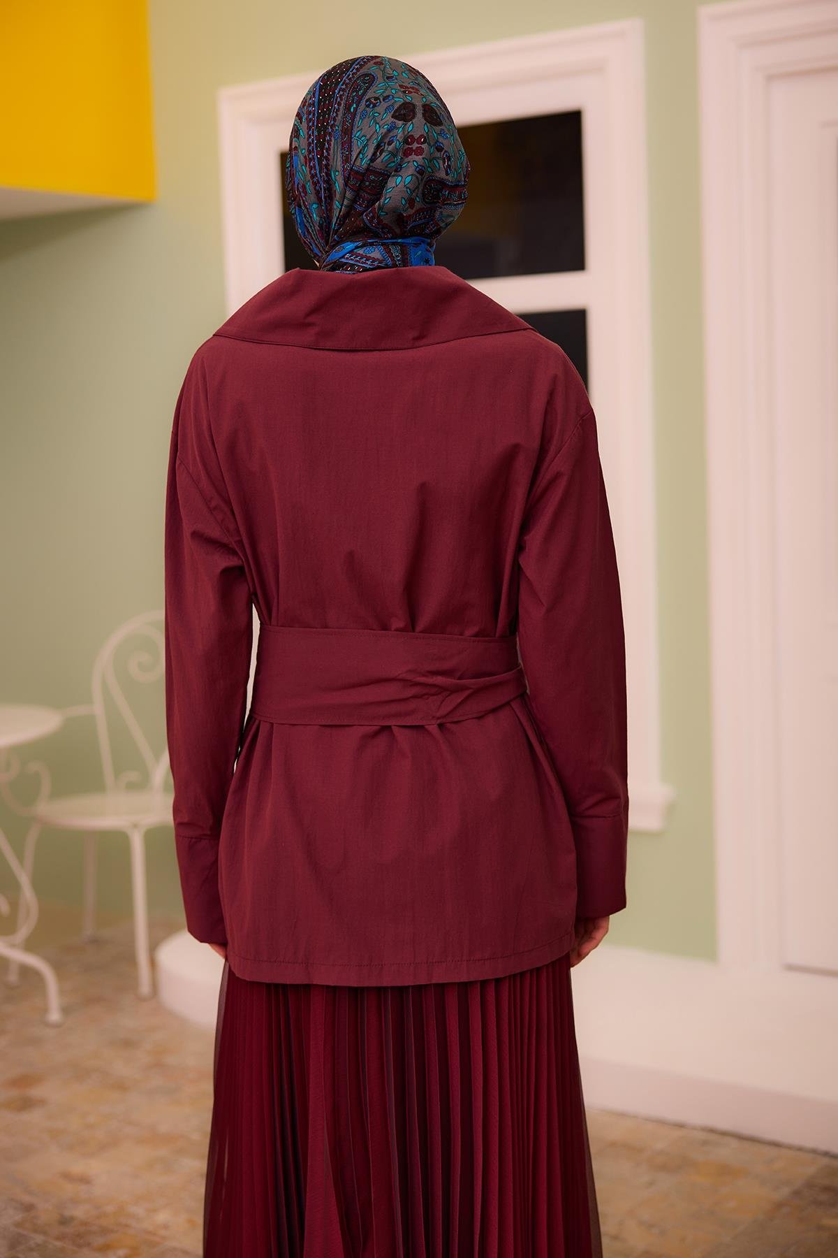 Gold Düğme Ve Kemer Detaylı Gömlek Bordo