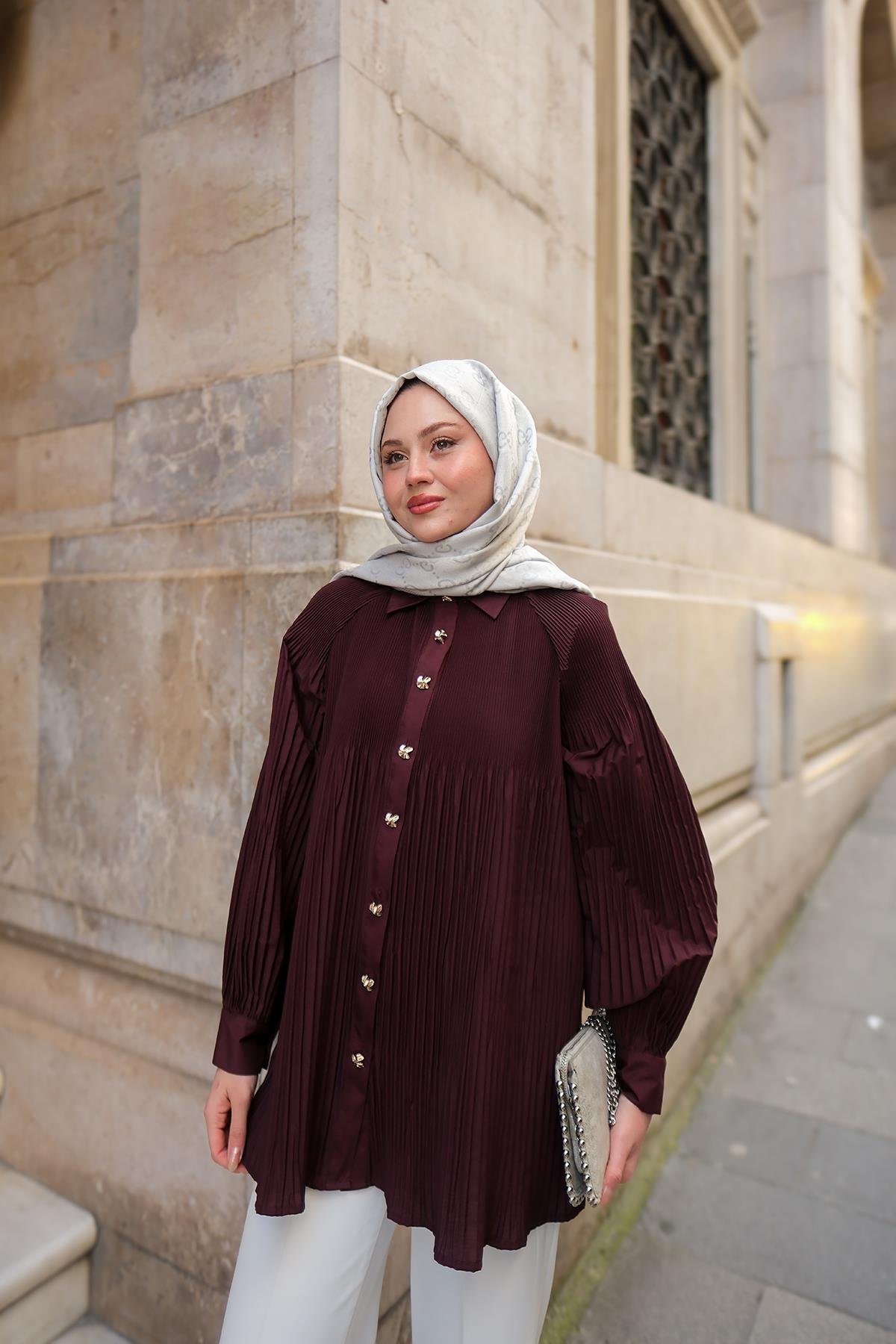 Gold Düğme Ve Piliseli Gömlek Bordo