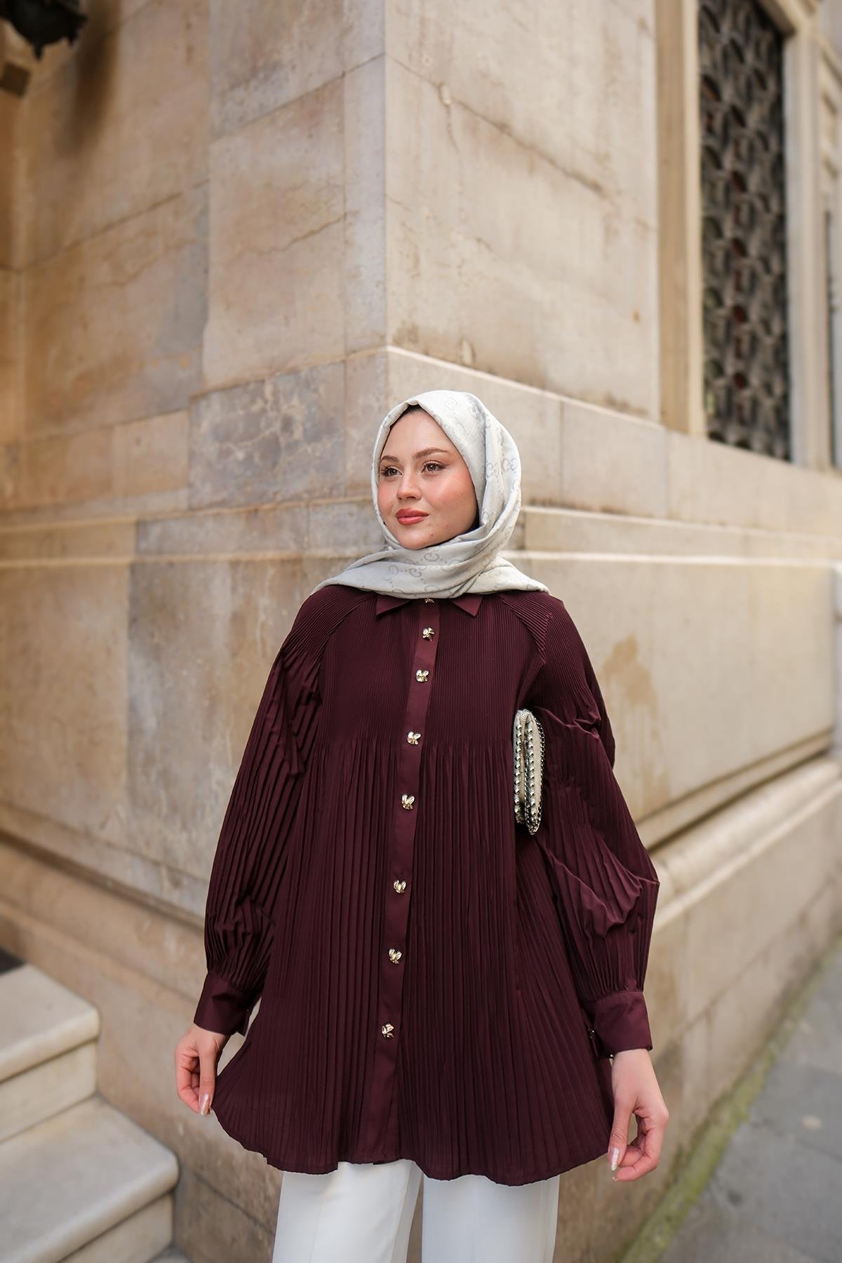 Gold Düğme Ve Piliseli Gömlek Bordo