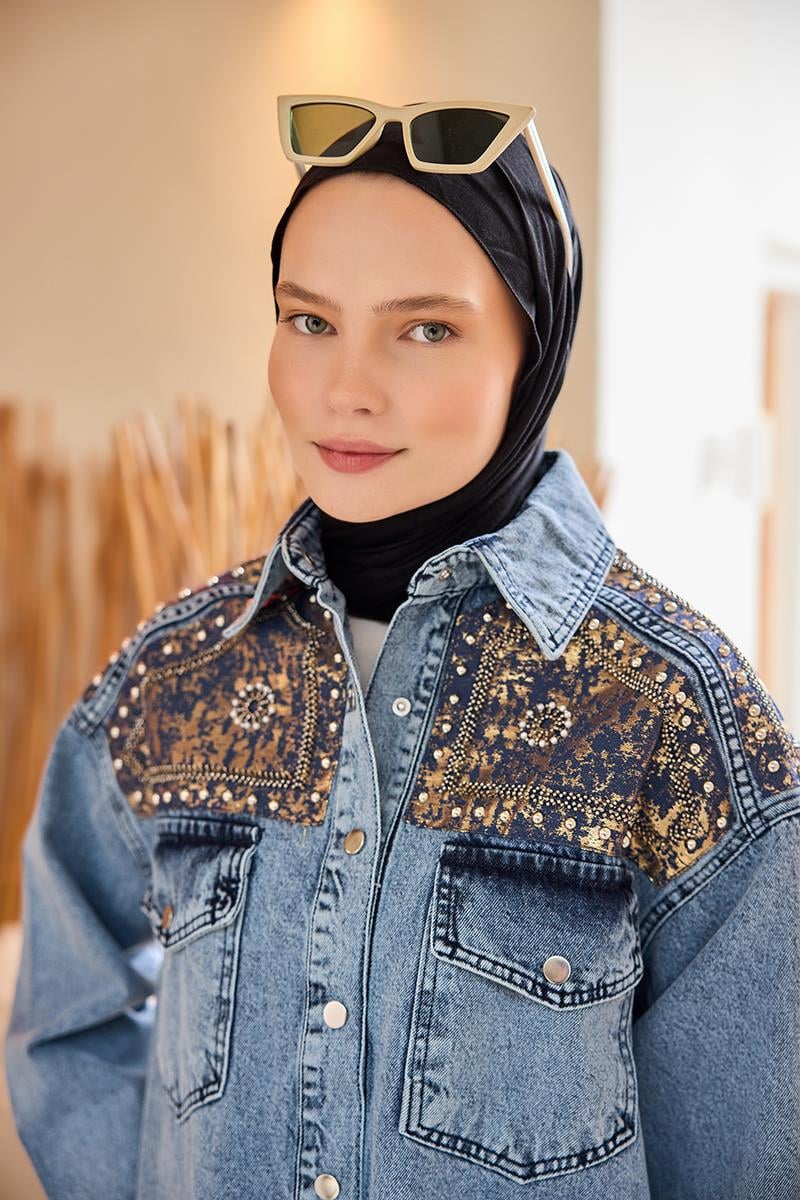 Gold Varak Desenli Jean Ceket  Buz Mavi