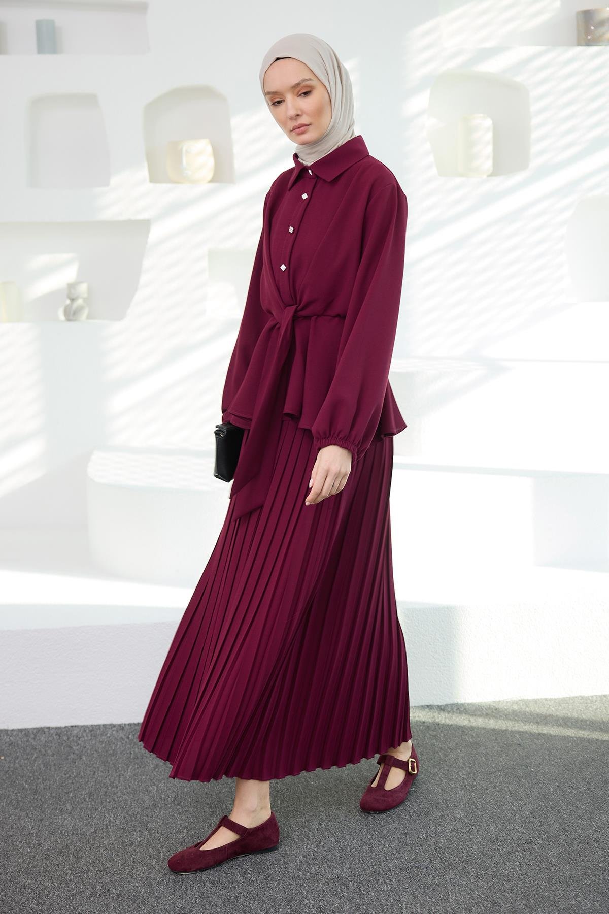 Gömleği Bağlama Detaylı Takım Mürdüm