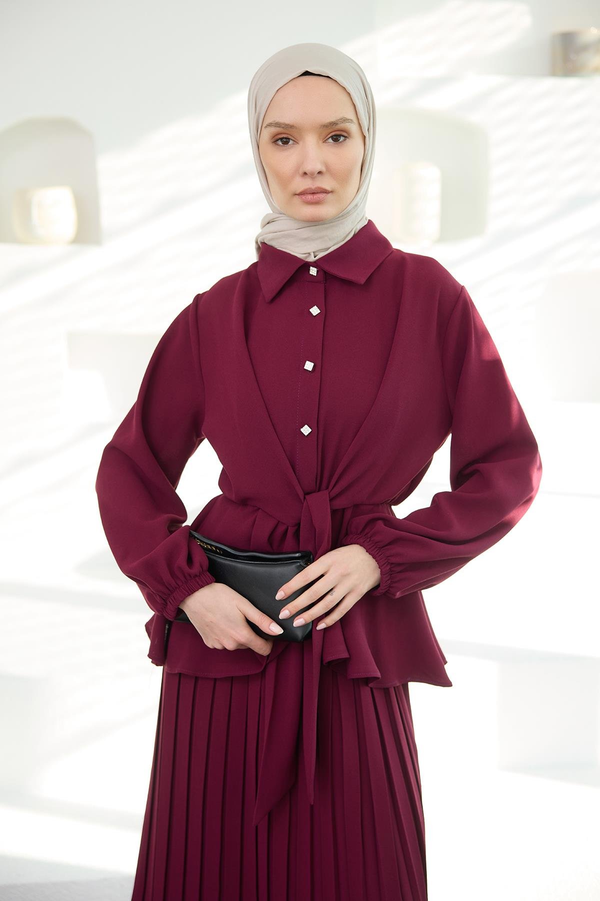 Gömleği Bağlama Detaylı Takım Mürdüm