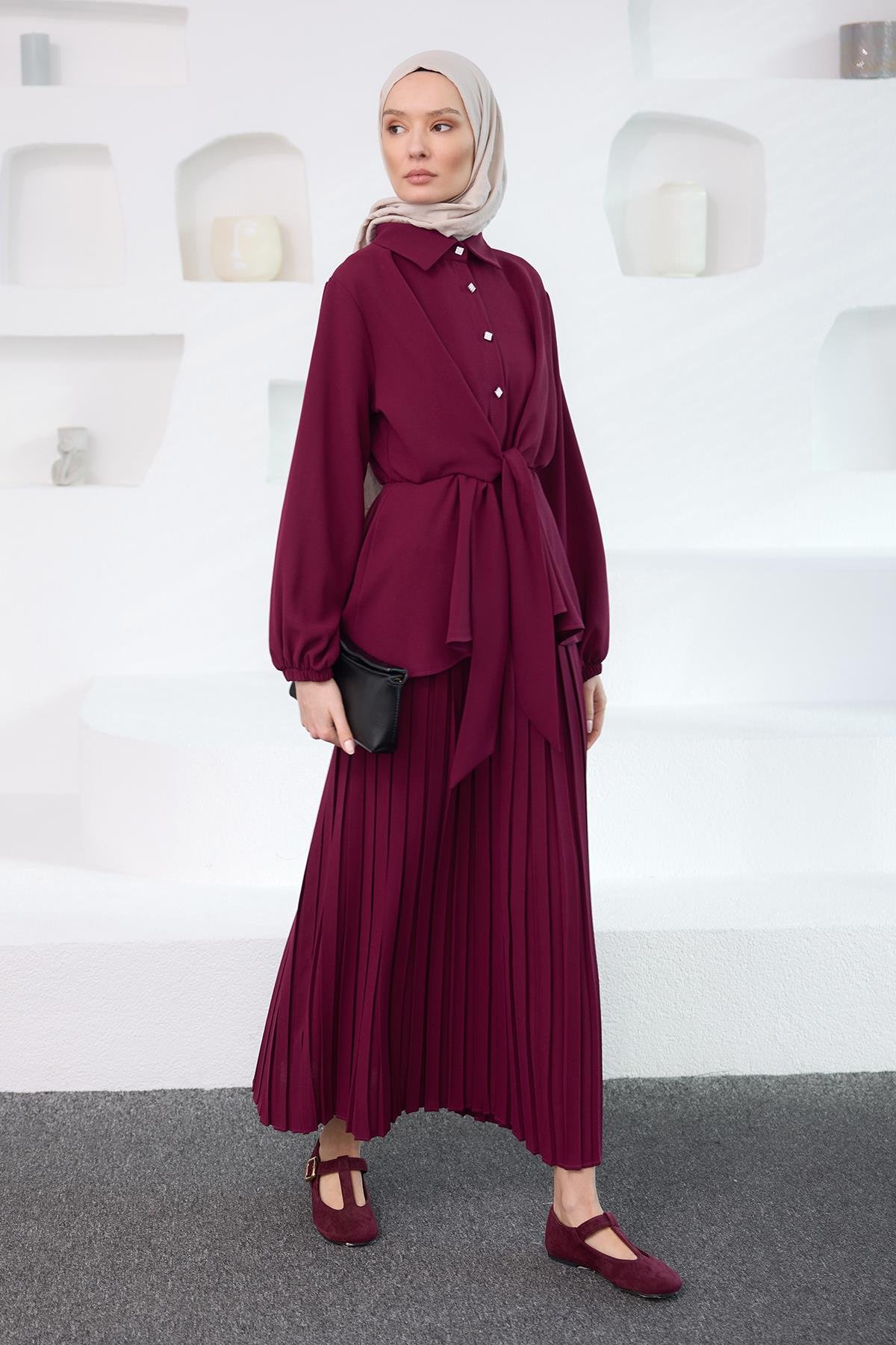 Gömleği Bağlama Detaylı Takım Mürdüm