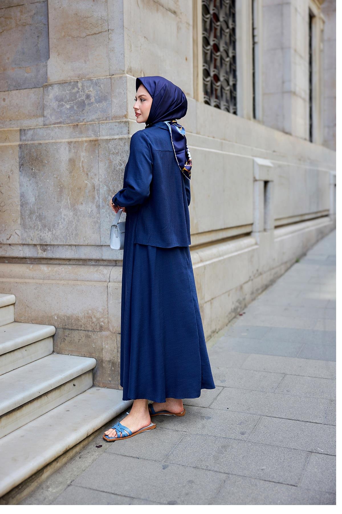 Gömleği Bağlamalı Keten Takım Lacivert