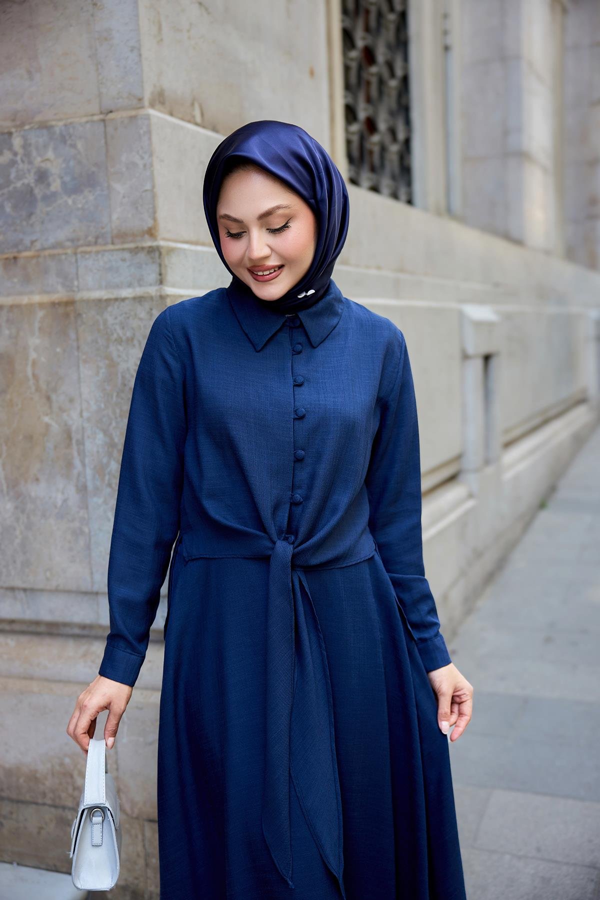 Gömleği Bağlamalı Keten Takım Lacivert