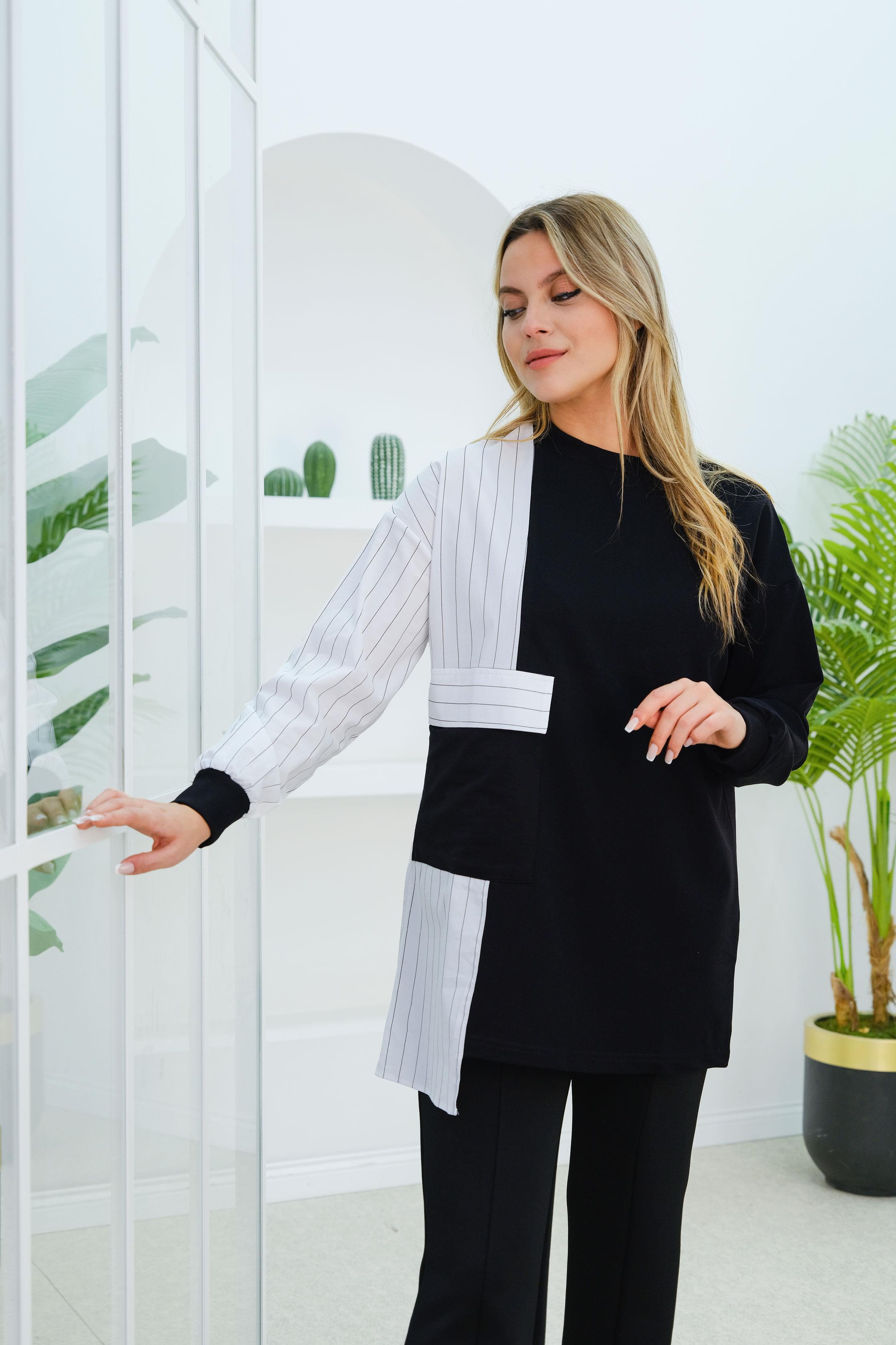 Gömlek Detay Cepli Tunik Siyah