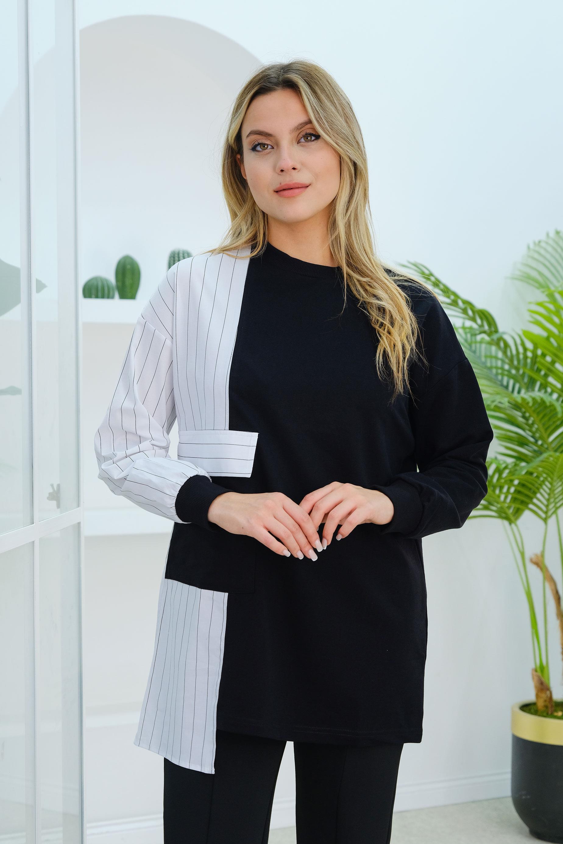 Gömlek Detay Cepli Tunik Siyah