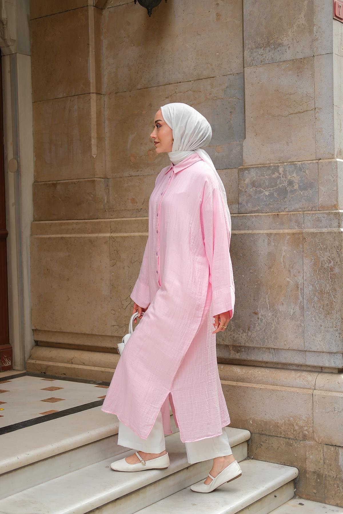 Gömlek Detay Elbise Pudra