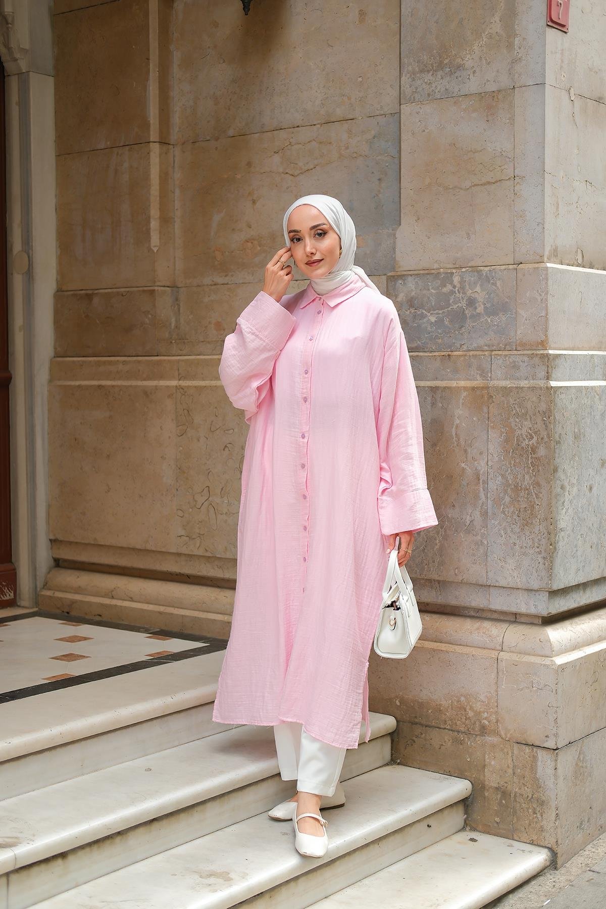 Gömlek Detay Elbise Pudra
