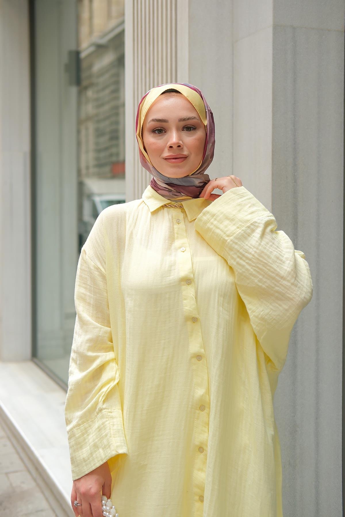 Gömlek Detay Elbise Sarı