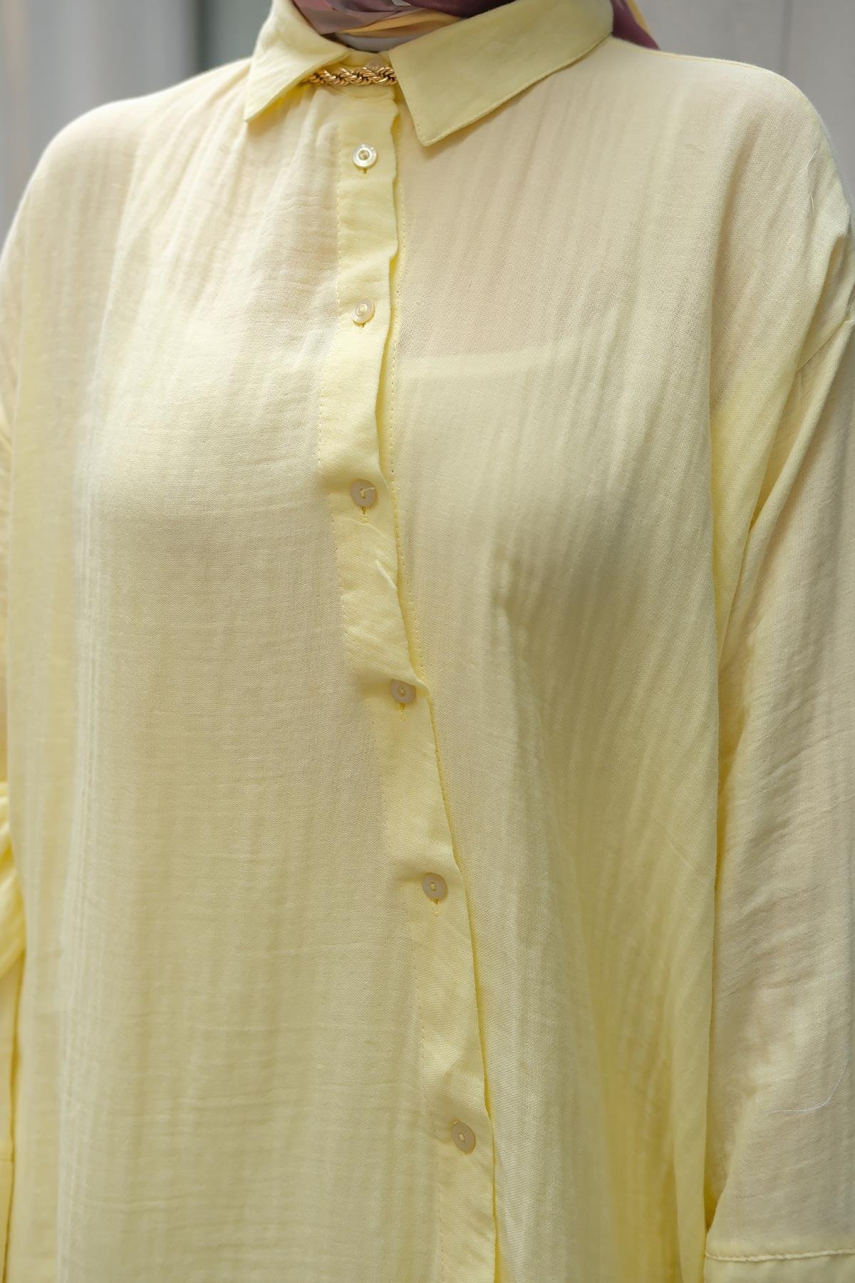 Gömlek Detay Elbise Sarı