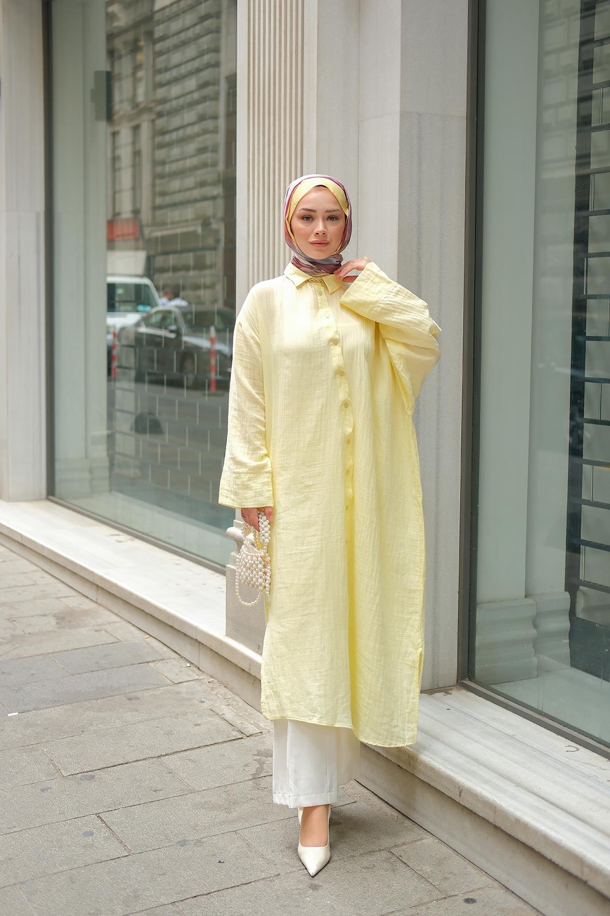 Gömlek Detay Elbise Sarı