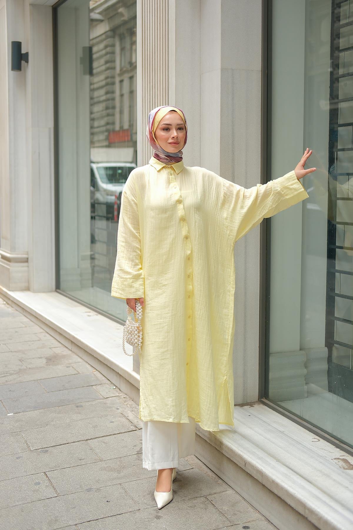 Gömlek Detay Elbise Sarı