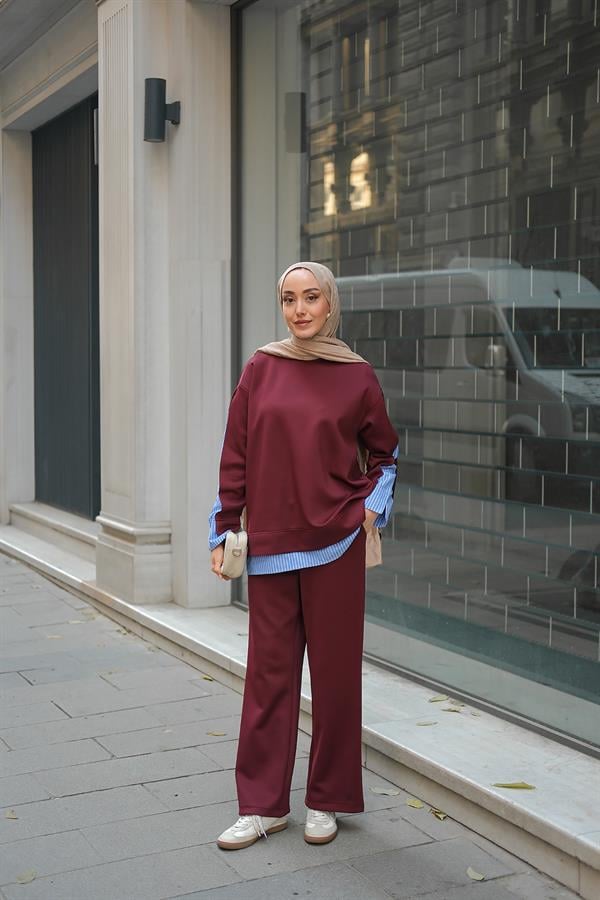 Gömlek Detay İkili Takım Bordo