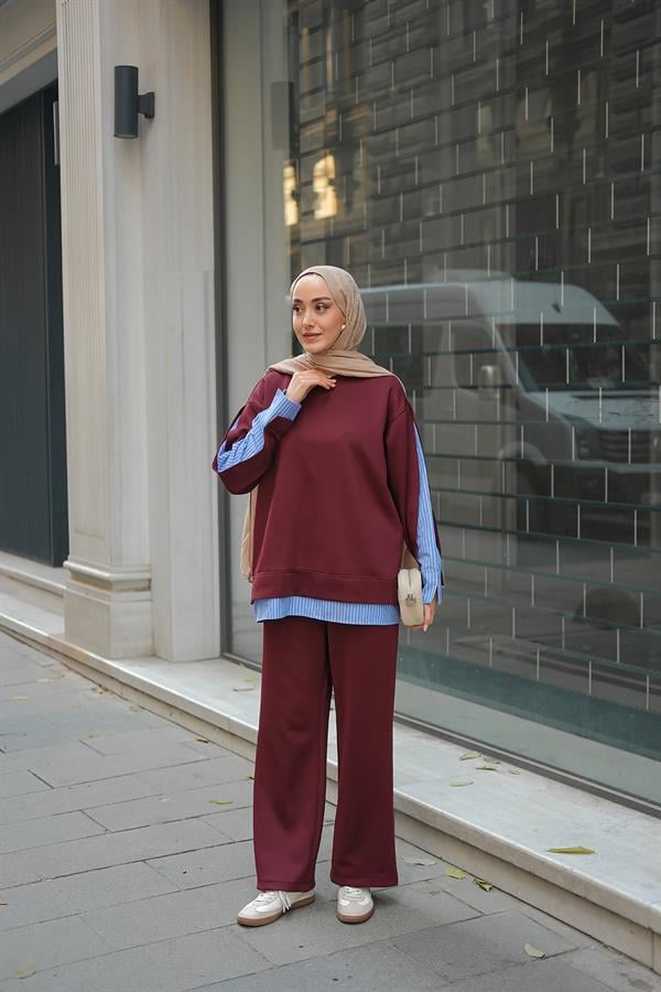 Gömlek Detay İkili Takım Bordo