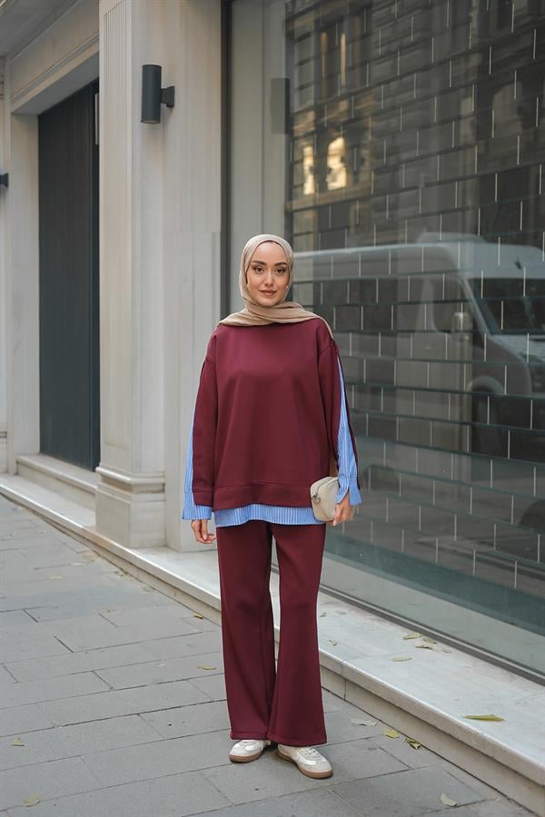 Gömlek Detay İkili Takım Bordo