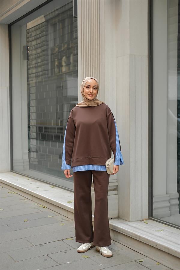 Gömlek Detay İkili Takım Kahverengi