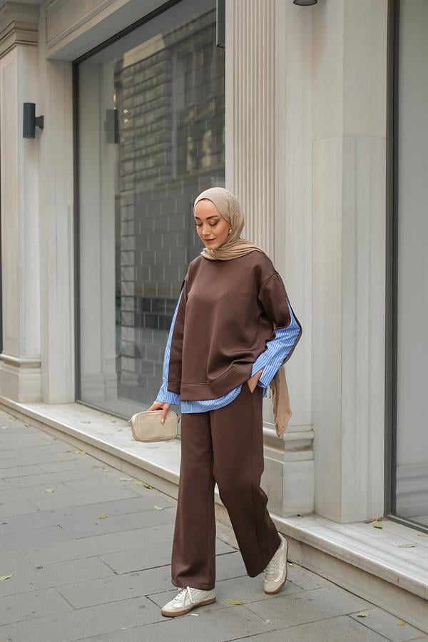 Gömlek Detay İkili Takım Kahverengi