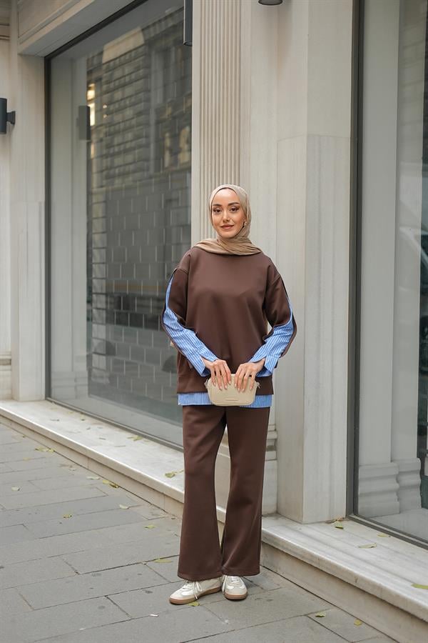 Gömlek Detay İkili Takım Kahverengi