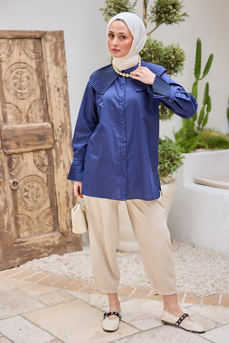 Gömlek Ve Kol Pilise Detaylı Gömlek Lacivert