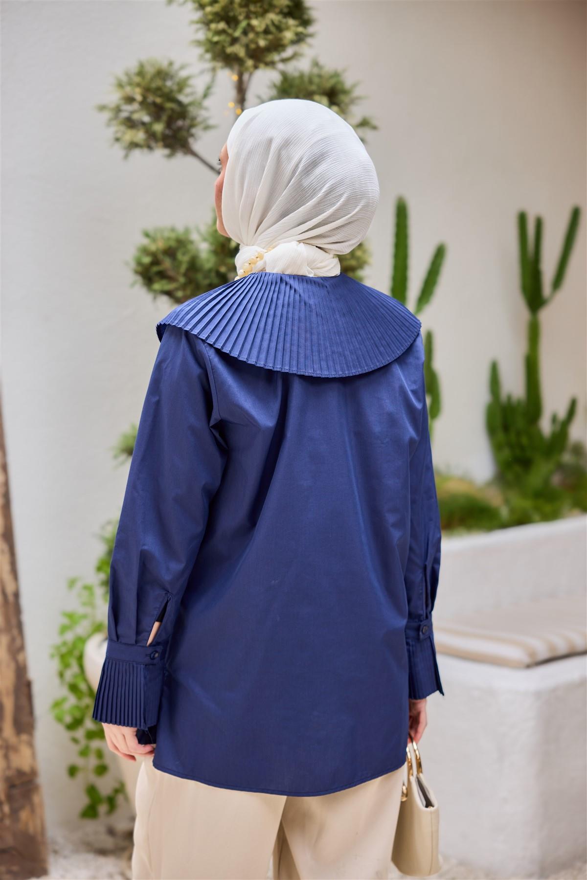 Gömlek Ve Kol Pilise Detaylı Gömlek Lacivert