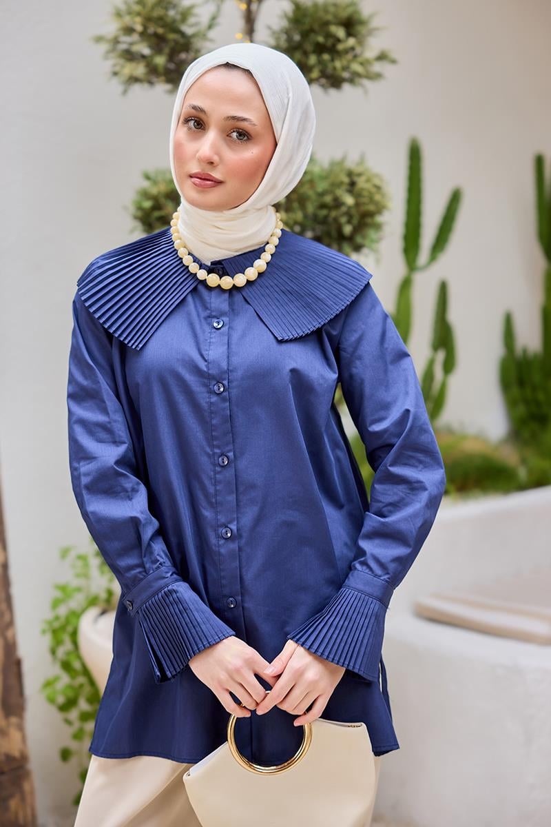 Gömlek Ve Kol Pilise Detaylı Gömlek Lacivert