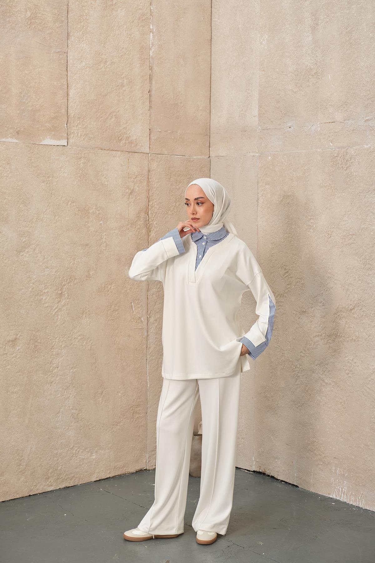 Gömlek Yaka İkili Takım Beyaz