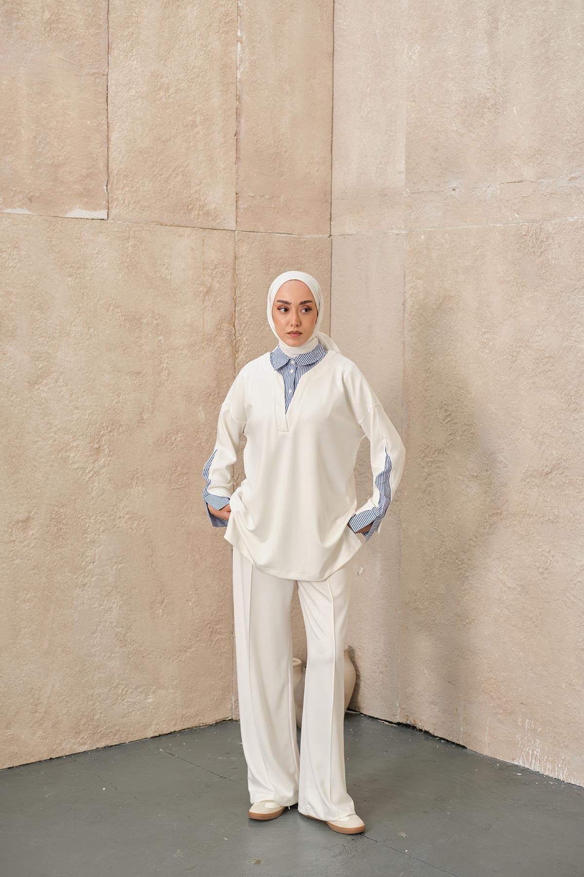 Gömlek Yaka İkili Takım Beyaz