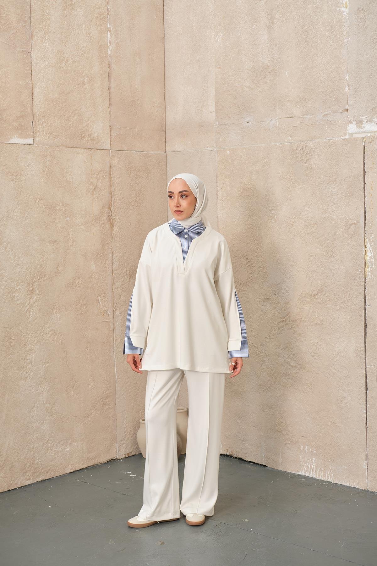 Gömlek Yaka İkili Takım Beyaz