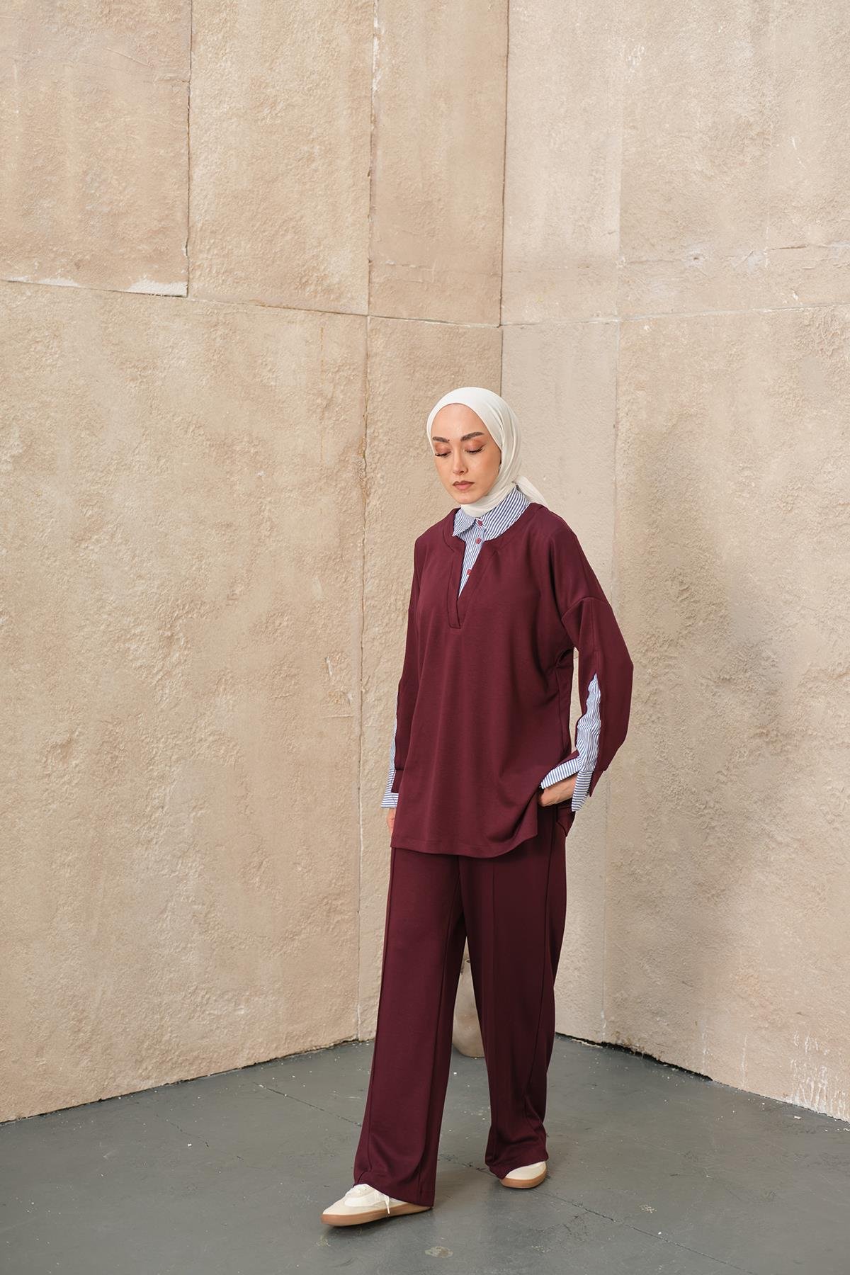 Gömlek Yaka İkili Takım Bordo