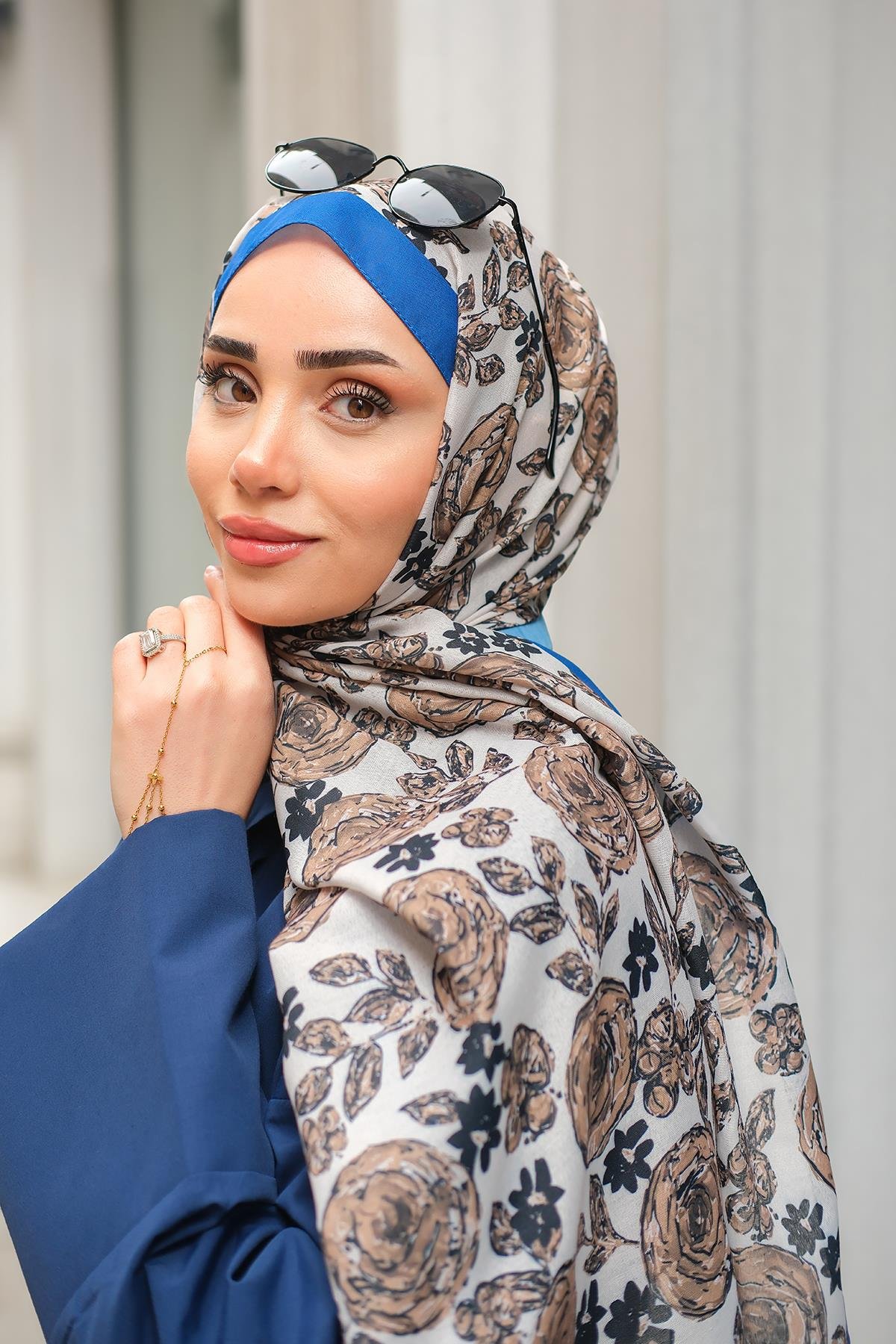 Gül Desen Soft Şal Mavi