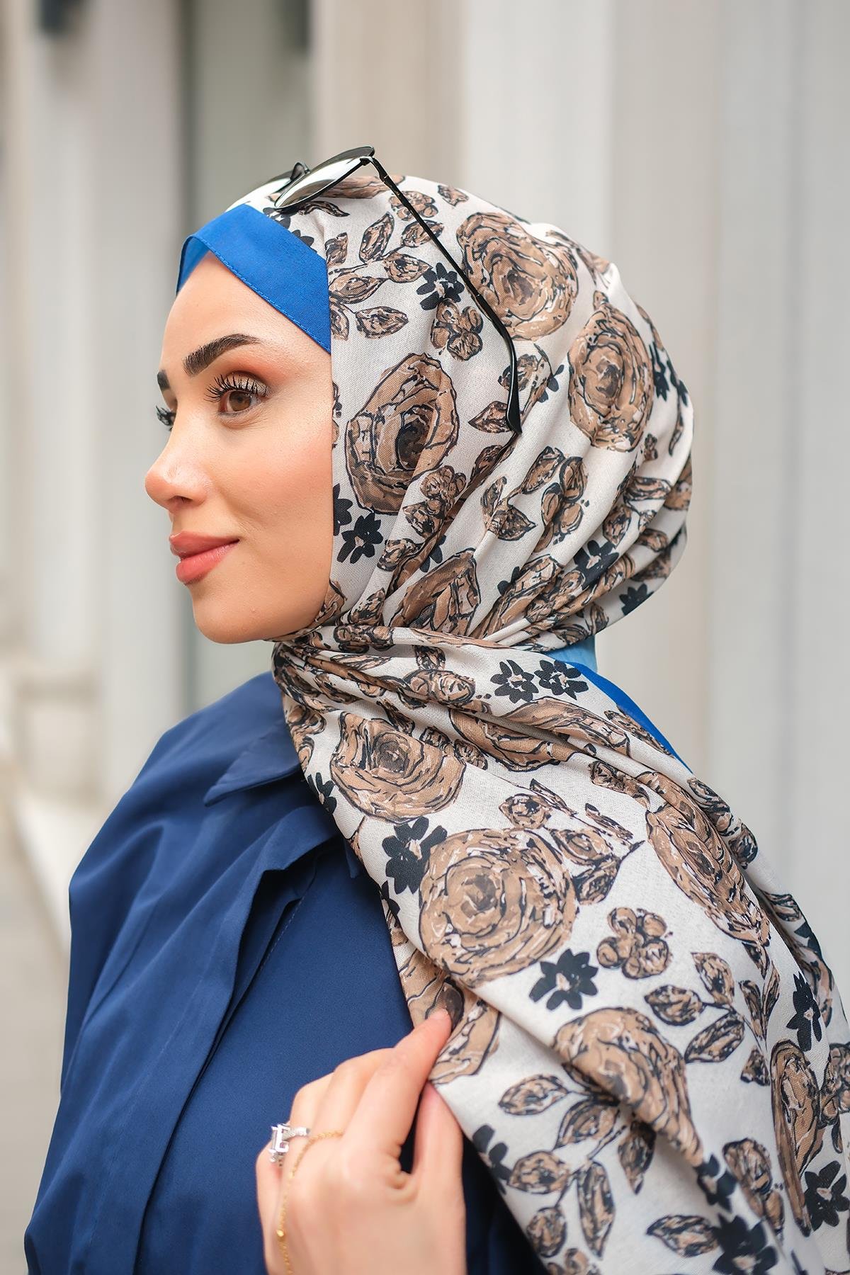 Gül Desen Soft Şal Mavi