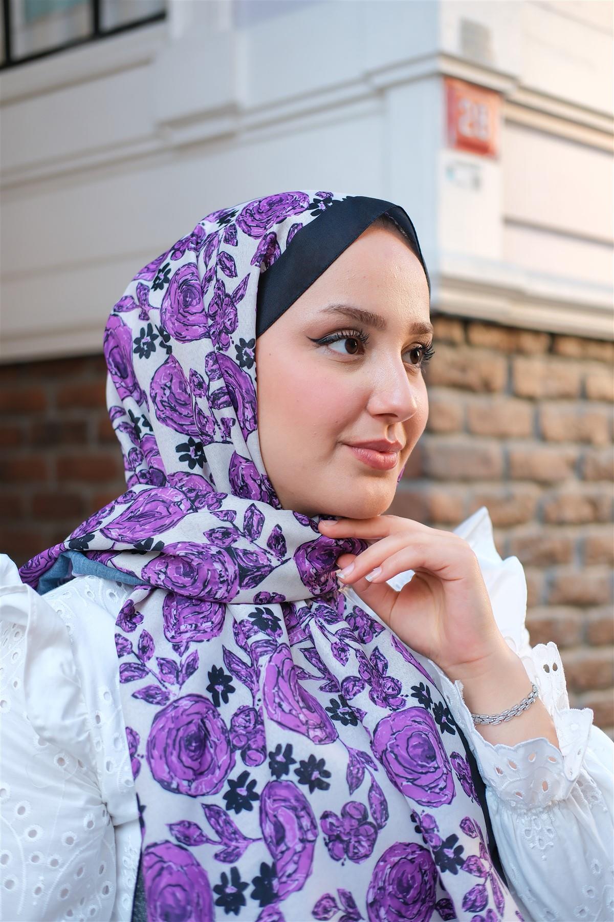 Gül Desen Soft Şal Mor