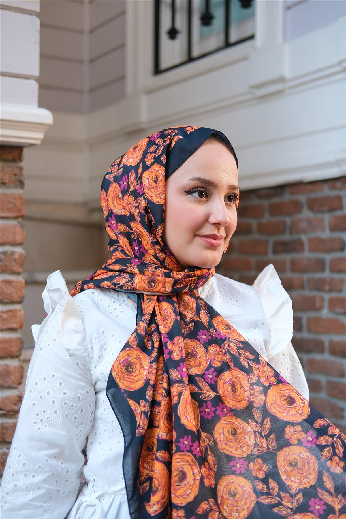 Gül Desen Soft Şal turuncu-mor