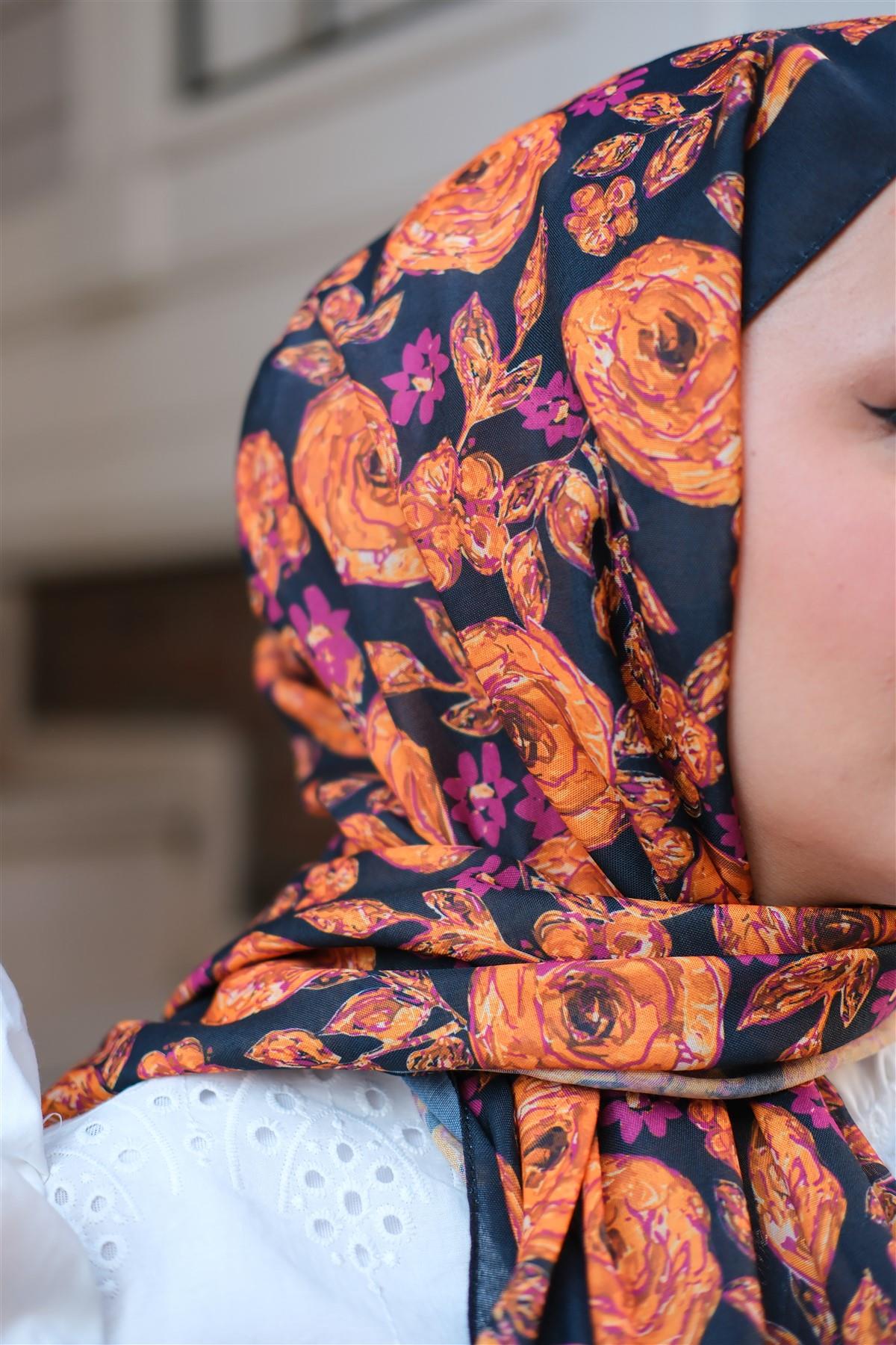 Gül Desen Soft Şal turuncu-mor