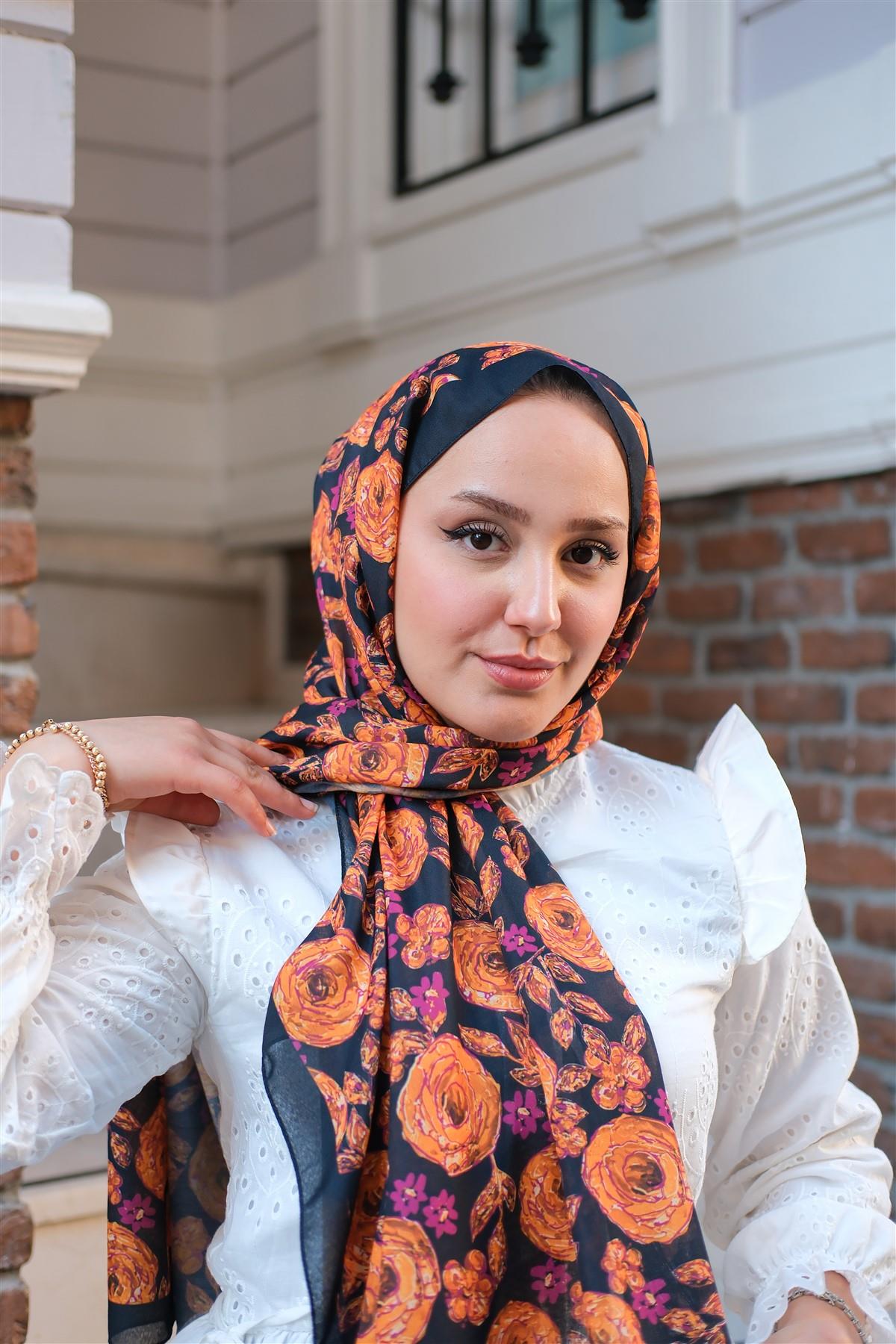 Gül Desen Soft Şal turuncu-mor