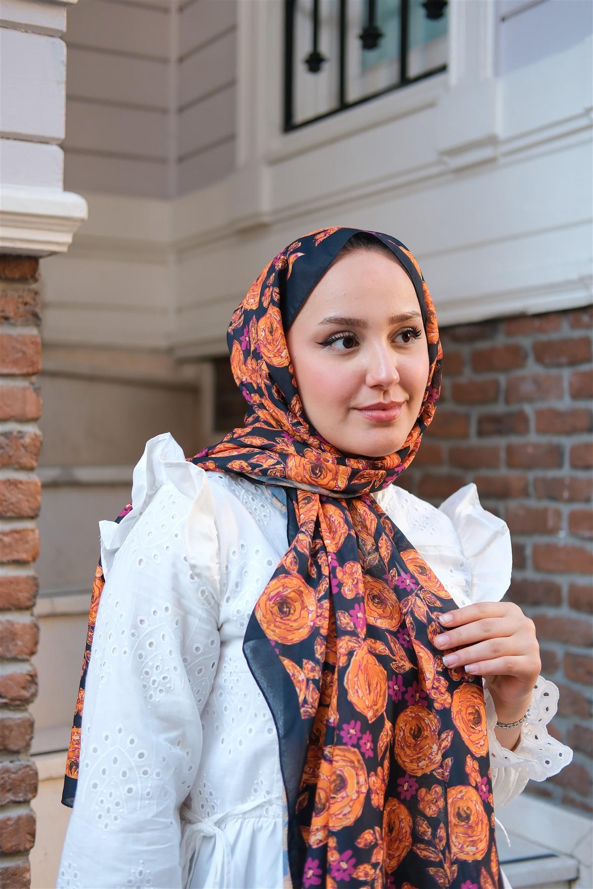 Gül Desen Soft Şal turuncu-mor