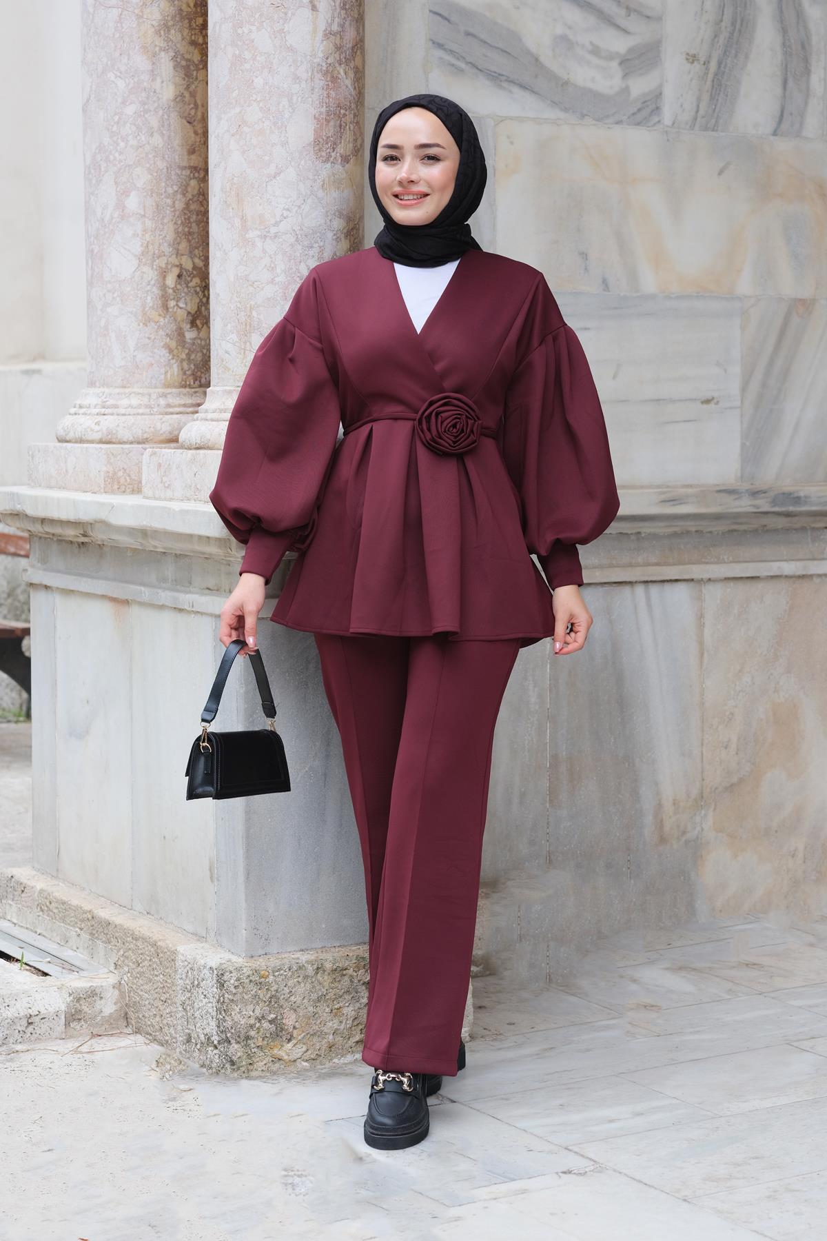 Gül Detay Belden Bağlamalı İkili Takım Bordo