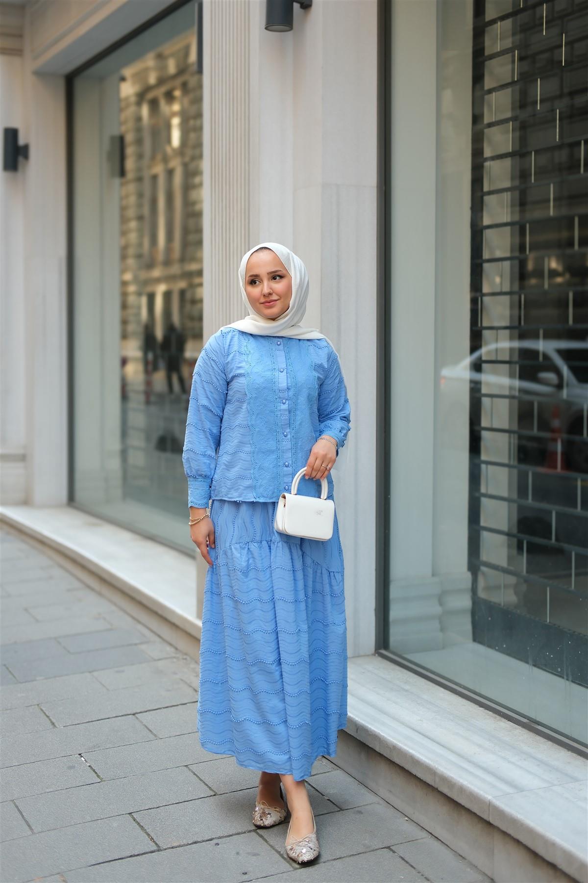 Güpür Detaylı Takım Mavi