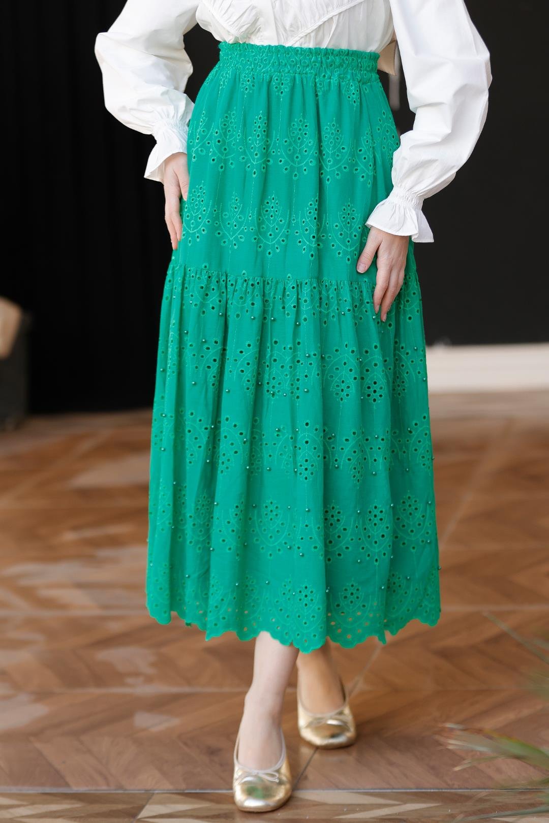 İnci Aksesuarlı Etek  Yeşil