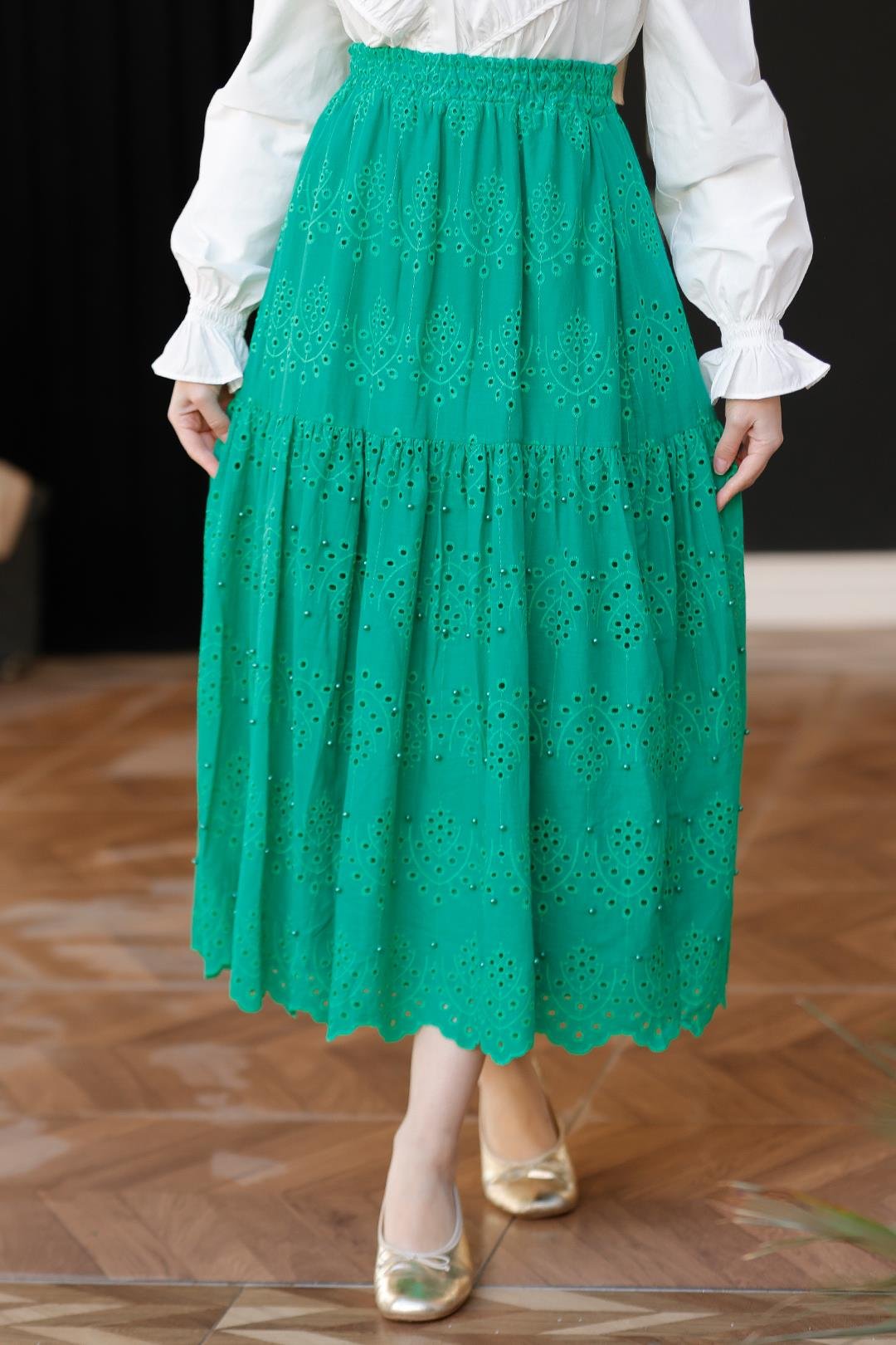 İnci Aksesuarlı Etek  Yeşil