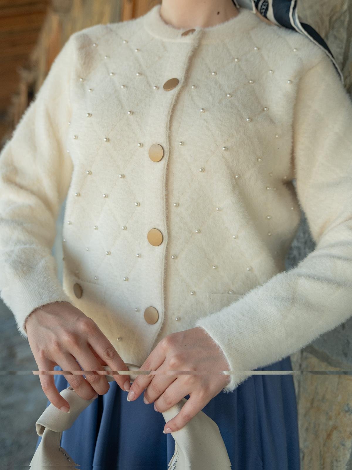 İnci Detay Triko Ceket Bej