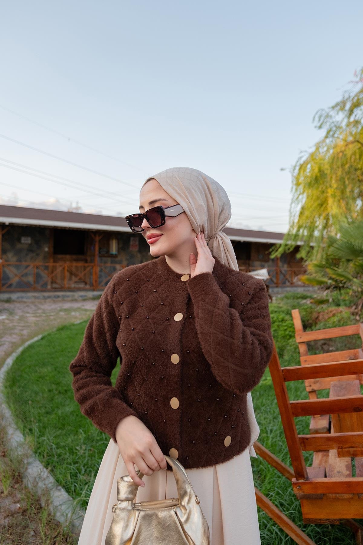 İnci Detay Triko Ceket Kahverengi