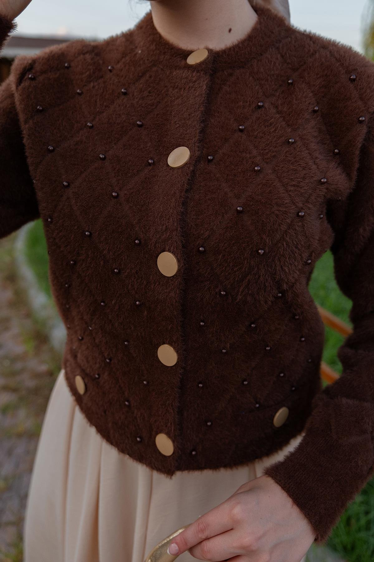 İnci Detay Triko Ceket Kahverengi