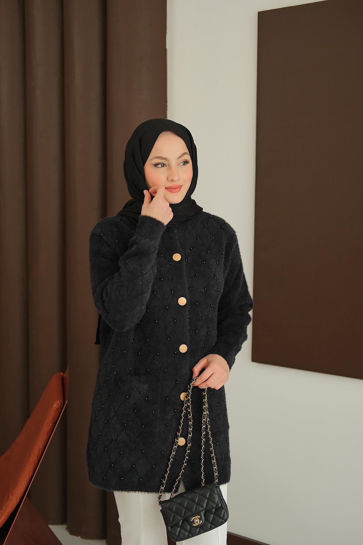 İnci Detaylı Triko Hırka Siyah