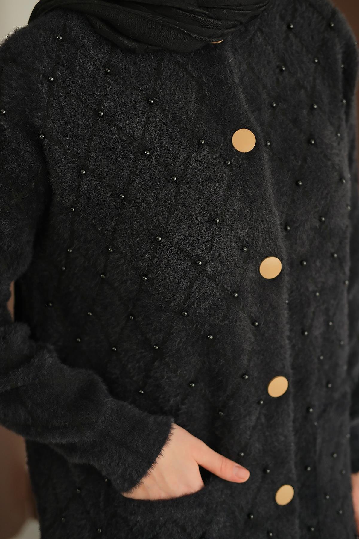 İnci Detaylı Triko Hırka Siyah